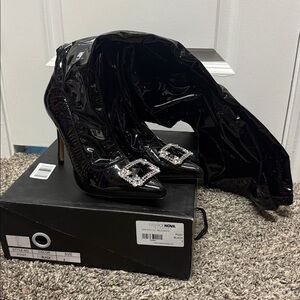 Fashion Nova Black Heeled Boots with Silver Accents